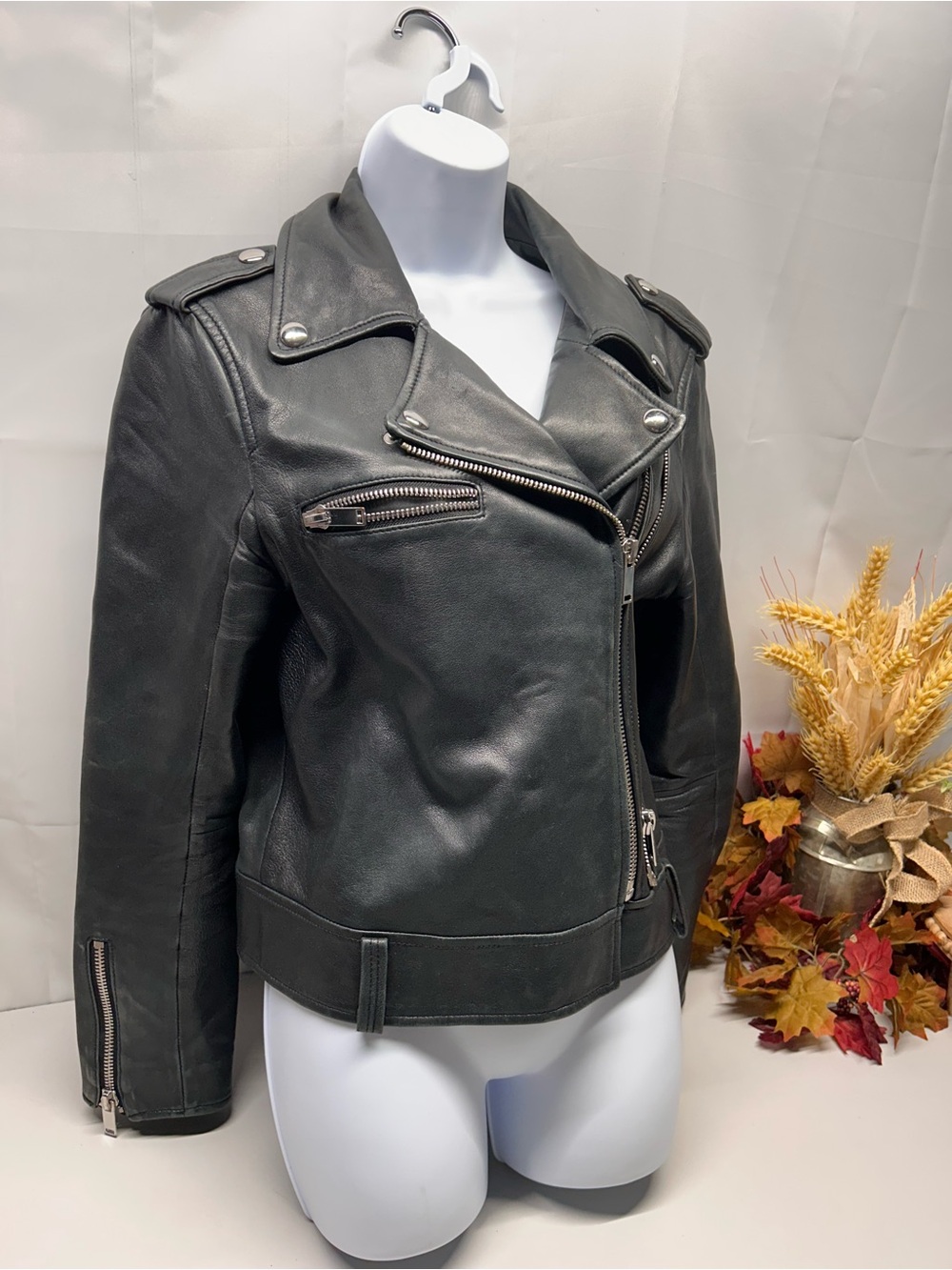 Zara Black Leather Moto Jacket with Silver Zippers